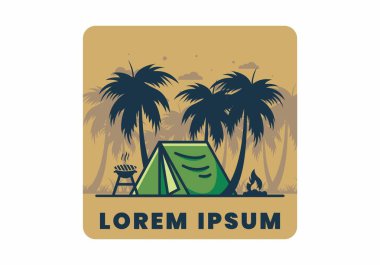 Renkli kamp çadırı ve hindistan cevizi ağaçları çizimi