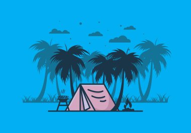 Renkli kamp çadırı ve hindistan cevizi ağaçları çizimi