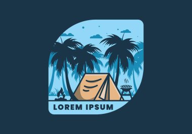 Renkli kamp çadırı ve hindistan cevizi ağaçları çizimi