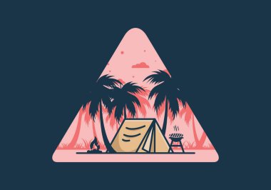 Renkli kamp çadırı ve hindistan cevizi ağaçları çizimi