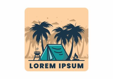 Renkli kamp çadırı ve hindistan cevizi ağaçları çizimi