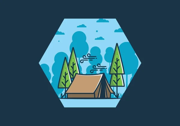 Stor Camping Tält Och Tallar Illustration Design — Stock vektor