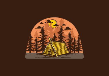 Ormandaki ahşap kulübe çizim tasarımı