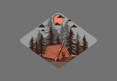 Ormandaki ahşap kulübe çizim tasarımı