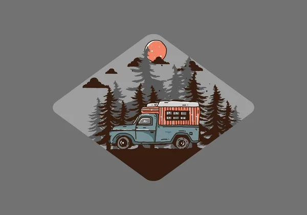 Wood Campervan Forest Illustration Design — ストックベクタ