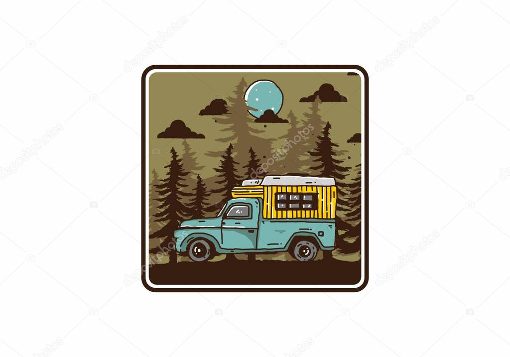 Wood campervan in the forest illustration design
