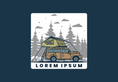 Araba illüstrasyon tasarımının çatısında kamp yapmak