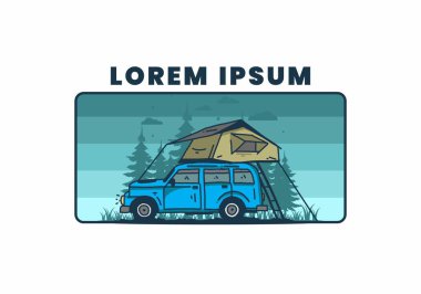 Araba illüstrasyon tasarımının çatısında kamp yapmak