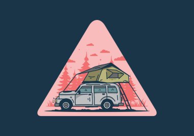 Araba illüstrasyon tasarımının çatısında kamp yapmak