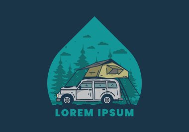 Araba illüstrasyon tasarımının çatısında kamp yapmak