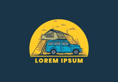 Araba illüstrasyon tasarımının çatısında kamp yapmak