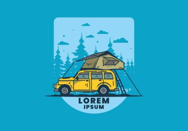 Araba illüstrasyon tasarımının çatısında kamp yapmak