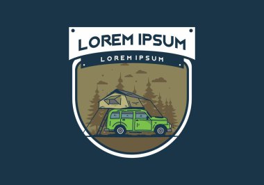 Araba illüstrasyon tasarımının çatısında kamp yapmak