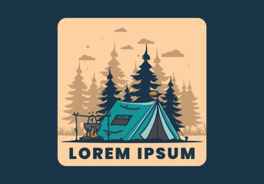 Kamp yapmak ve yemek pişirmek doğa illüstrasyon tasarımı