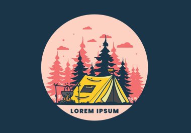 Kamp yapmak ve yemek pişirmek doğa illüstrasyon tasarımı