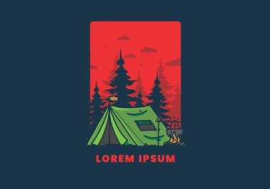 Kamp yapmak ve yemek pişirmek doğa illüstrasyon tasarımı