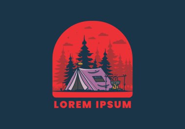 Kamp yapmak ve yemek pişirmek doğa illüstrasyon tasarımı