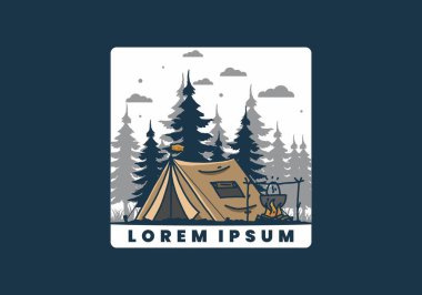 Kamp yapmak ve yemek pişirmek doğa illüstrasyon tasarımı