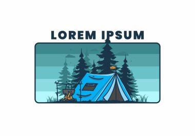 Kamp yapmak ve yemek pişirmek doğa illüstrasyon tasarımı