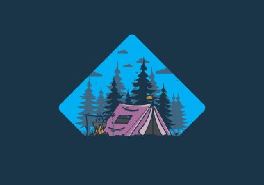 Kamp yapmak ve yemek pişirmek doğa illüstrasyon tasarımı