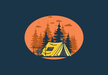 Kamp yapmak ve yemek pişirmek doğa illüstrasyon tasarımı