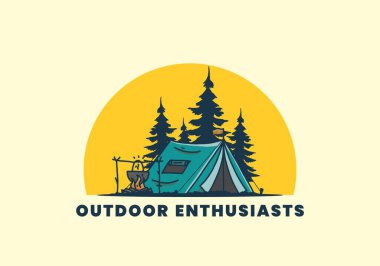 Kamp yapmak ve yemek pişirmek doğa illüstrasyon tasarımı