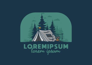 Kamp yapmak ve yemek pişirmek doğa illüstrasyon tasarımı