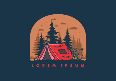 Kamp yapmak ve yemek pişirmek doğa illüstrasyon tasarımı