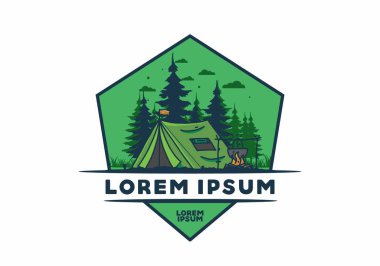 Kamp yapmak ve yemek pişirmek doğa illüstrasyon tasarımı