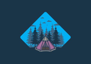 Koni çadırı ve çam ağacı çizimi tasarımı