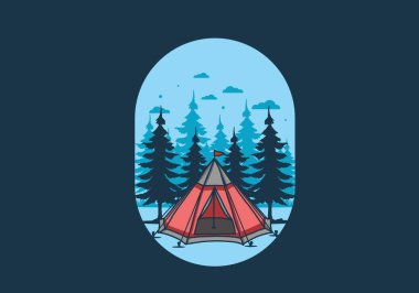 Koni çadırı ve çam ağacı çizimi tasarımı