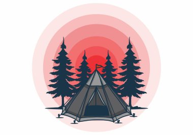 Koni çadırı ve çam ağacı çizimi tasarımı