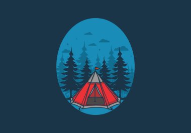 Koni çadırı ve çam ağacı çizimi tasarımı