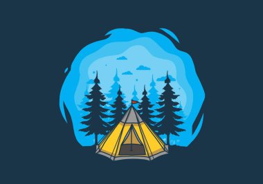 Koni çadırı ve çam ağacı çizimi tasarımı