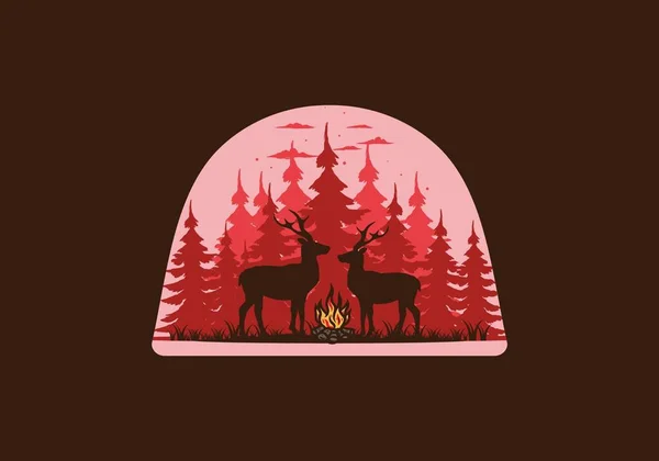 Couple Deer Bonfire Illustration Design — Vettoriale Stock