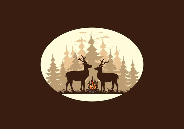 Couple Deer Bonfire Illustration Design — Stock Vector