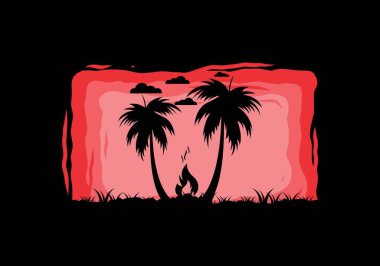 Sahildeki şenlik ateşi ve hindistan cevizi ağaçlarının silueti.