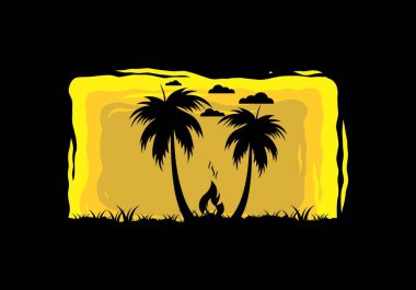 Sahildeki şenlik ateşi ve hindistan cevizi ağaçlarının silueti.