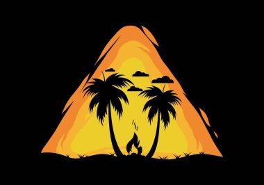 Silhouette of bonfire and coconut trees on the beach illustration