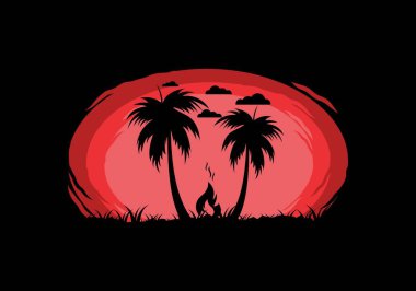 Silhouette of bonfire and coconut trees on the beach illustration