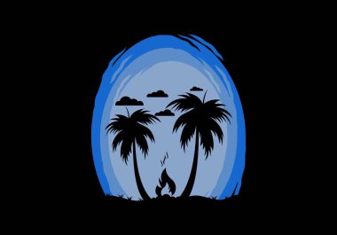 Silhouette of bonfire and coconut trees on the beach illustration