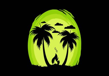 Silhouette of bonfire and coconut trees on the beach illustration
