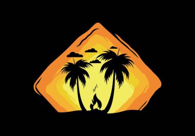 Silhouette of bonfire and coconut trees on the beach illustration
