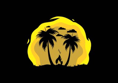 Silhouette of bonfire and coconut trees on the beach illustration