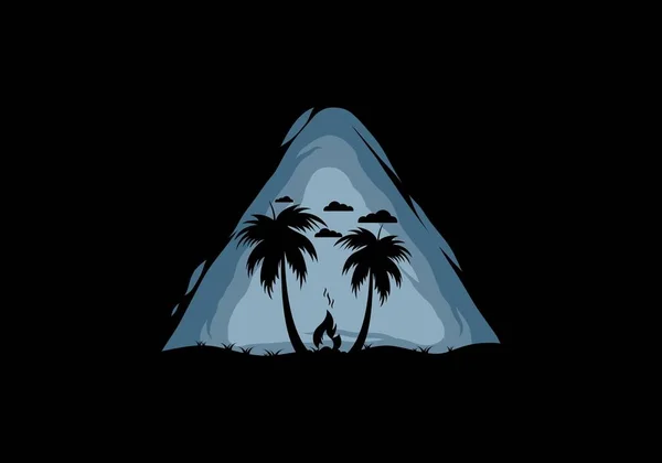 Silhouette Bonfire Coconut Trees Beach Illustration — Vector de stock