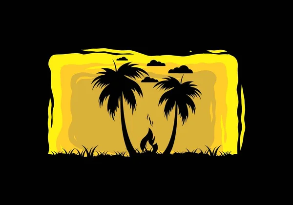 Silhouet Van Vreugdevuur Kokosbomen Het Strand Illustratie — Stockvector