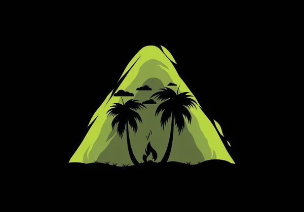 Silhouette Bonfire Coconut Trees Beach Illustration — 스톡 벡터