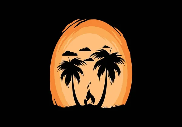 Silhouette Bonfire Coconut Trees Beach Illustration — Wektor stockowy