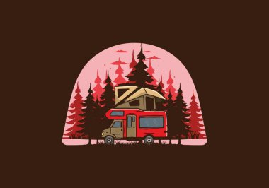 Orman illüstrasyon tasarımında araba çatısı kampı.