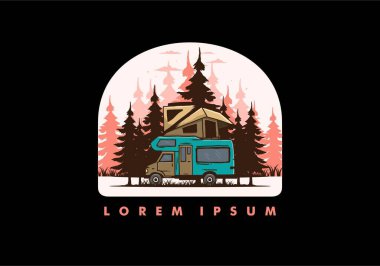 Orman illüstrasyon tasarımında araba çatısı kampı.